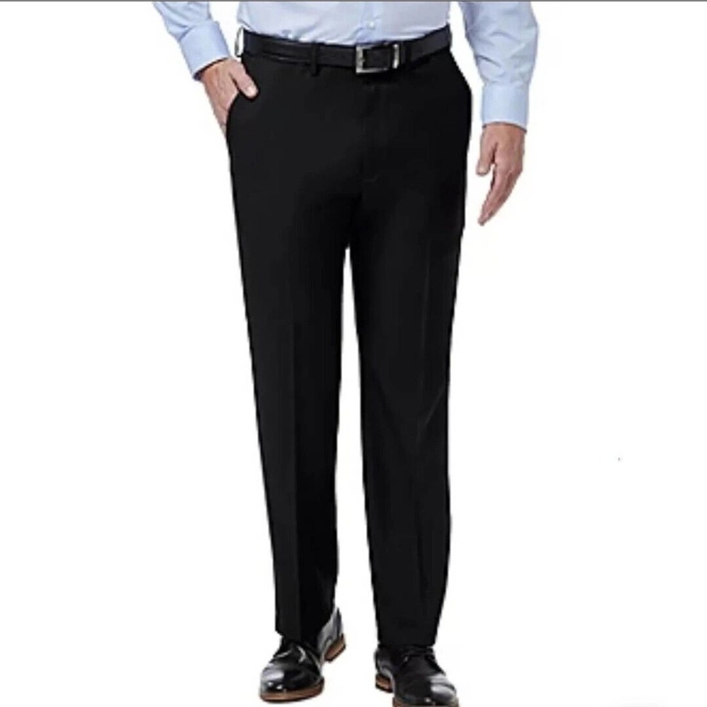 HAGGAR Dress Pants Mens 40X32 Black Flat‎ Front Slim Straight Stretch No Wrinkle